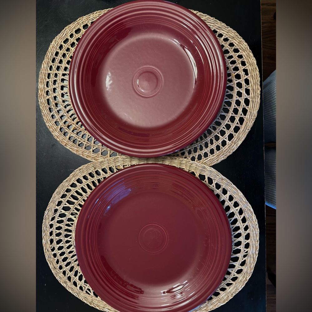 Two vintage Homer Laughlin Fiestaware dinner plates in  deep maroon. 10.5 .